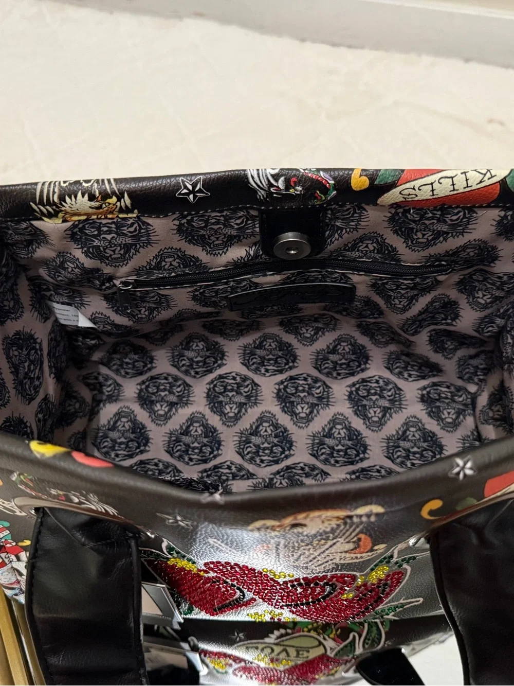 Ed Hardy Black Satchel with Red Heart Tattoo Motif